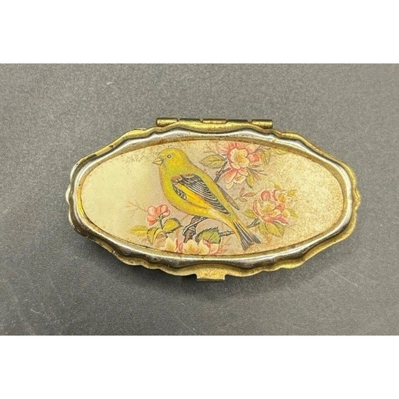 Antique 19th Century Oval Enamel Metal Pill Box W/ Bird Decor Theme hinged - Picture 1 of 4